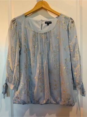 Sara Michelle Light Blue Gold Floral Metallic Blouse Women's Large